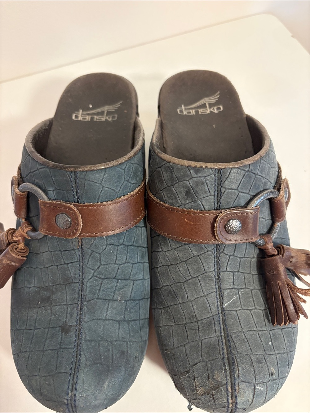Dansko Navy Blue Textured Leather Slip-On Clogs with Brown Strap